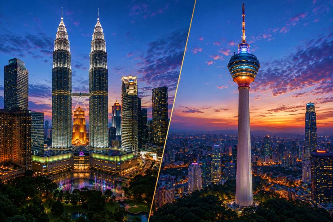 Petronas Twin Towers illuminated at dusk on left; Kuala Lumpur Tower lit up at night on right, showing city skyline